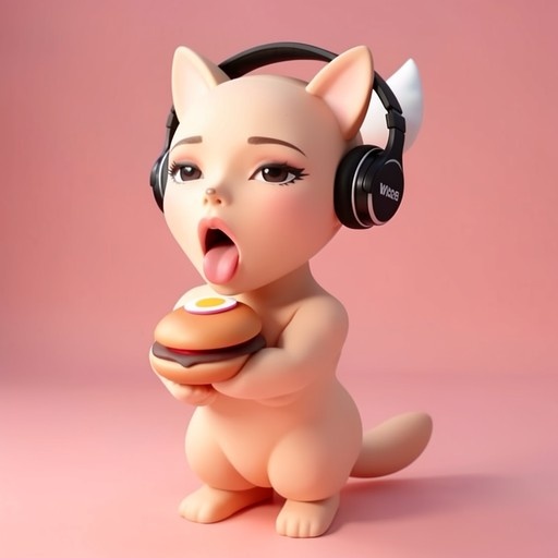 A cute 3D rendered furry cat girl with light fur and black headphones holds a burger topped with an egg against a pink background, her mouth open wide in excitement.