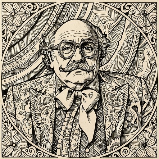 Black and white line drawing of an old man with a large mustache and round glasses wearing a floral suit.