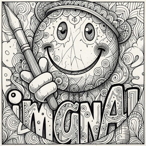 A black and white ink drawing of a smiling round character holding a paintbrush amidst intricate swirls and patterns.