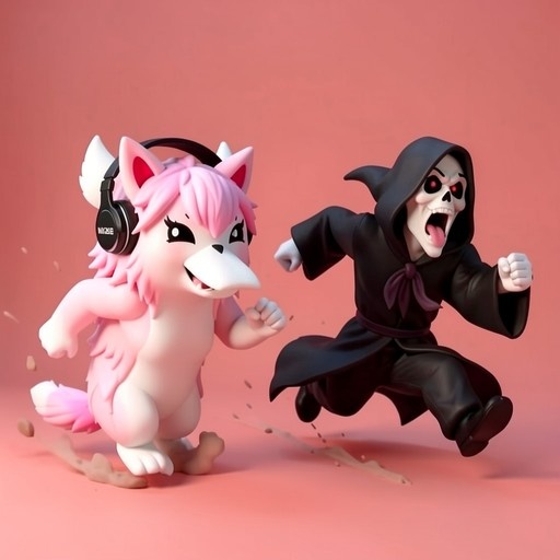 A pink furry character wearing headphones runs from a skeletal grim reaper in a black robe against a pink background.