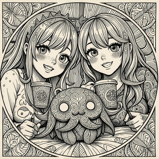 A monochrome line art illustration of two smiling anime girls with long hair holding patterned cups, flanking a large octopus creature with swirling patterns inside an ornate oval frame.