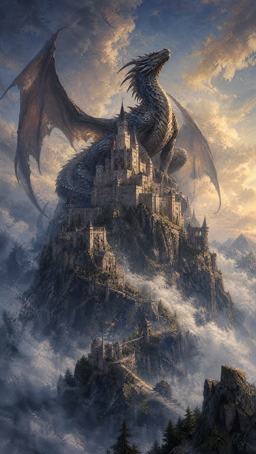 A massive grey dragon with large wings wraps its body around a stone castle perched on a high mountain cliff, set against a cloudy sky with golden light.
