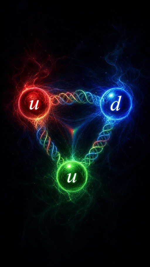 A stylized representation of a baryon showing three glowing spheres labeled 'u' and 'd' connected by energy strands against a black background.