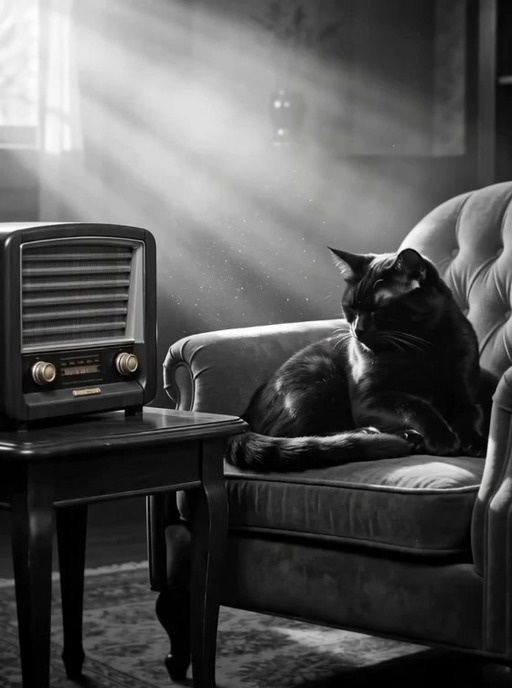 A black cat with yellow eyes sits on a sofa next to an antique radio in a sunlit room, turning its head with a surprised expression.
