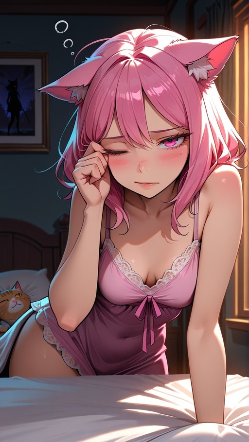 A pink-haired anime girl with cat ears sits on a bed rubbing her eye while a small orange cat sleeps next to her in the sunlight.