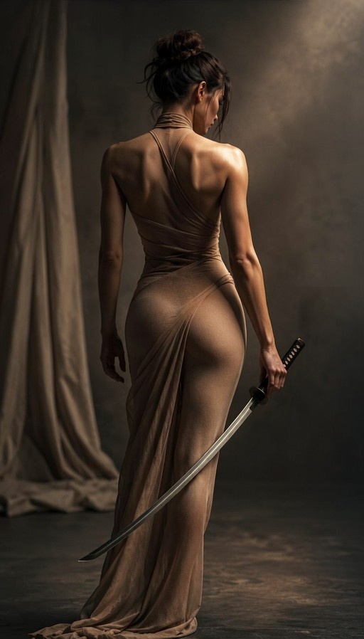 A woman with dark hair in an updo stands facing away, wearing a form-fitting beige gown and holding a katana in her right hand against a dark background.