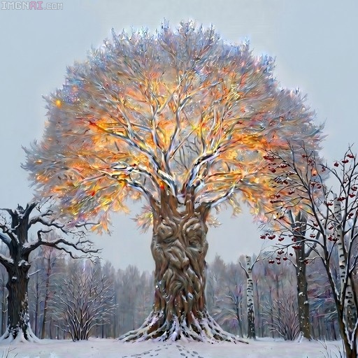 A large, gnarled tree with glowing golden branches stands in a snowy forest, surrounded by smaller bare trees under a pale sky.