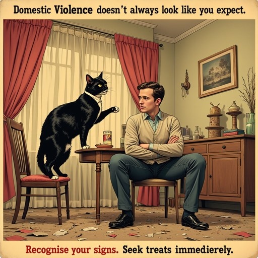 A black cat stands on a table gesturing at a seated man with crossed arms in a room littered with debris.