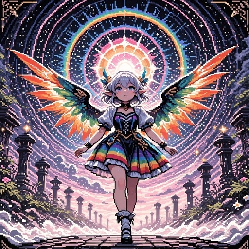 Pixel art of a white-haired elf girl with large rainbow wings standing before a glowing halo and ruins.