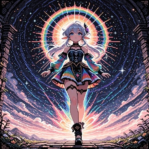 Pixel art portrait of an elf girl with silver hair and pointed ears, wearing a colorful dress and standing in front of a glowing rainbow halo against a starry night sky.