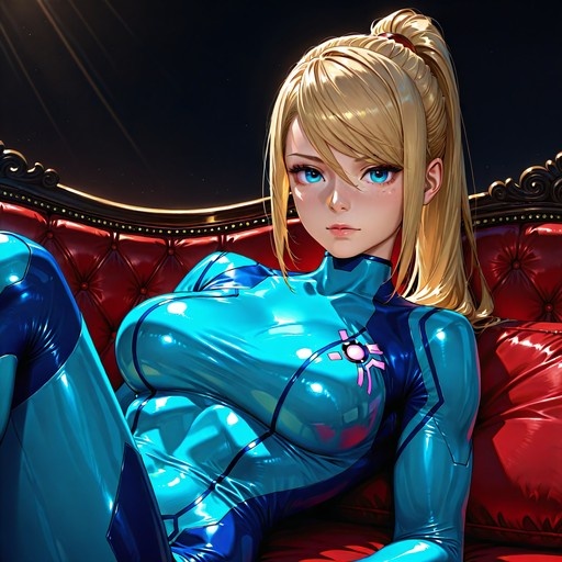Samus Aran in a shiny blue bodysuit reclining on a red tufted couch with a starry background