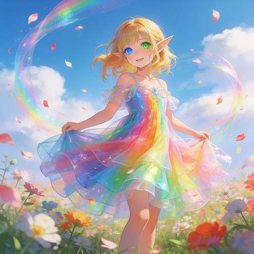 A blonde elf girl with heterochromatic eyes wearing a shimmering rainbow dress stands in a flower field with floating petals and a blue sky background.