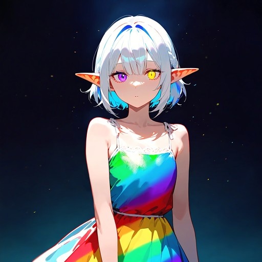 Anime elf girl with short white and blue hair, heterochromatic eyes, and a rainbow gradient dress.
