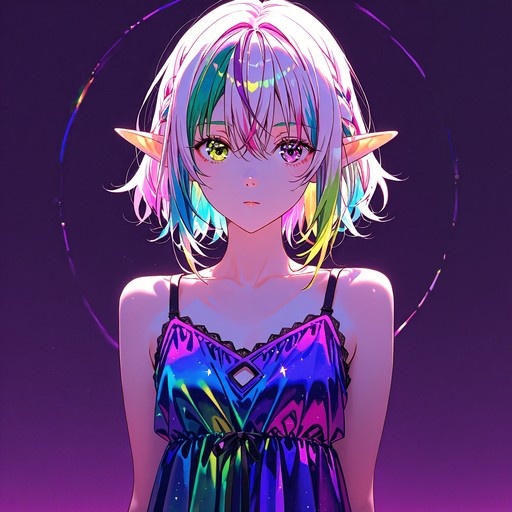 An anime-style elf girl with short white hair streaked in neon colors and heterochromatic eyes, wearing a shiny blue and purple dress against a dark background.