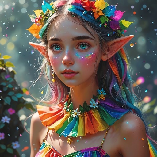 A portrait of a young elf girl with long rainbow hair, pointed ears, and a flower crown, wearing a colorful ruffled collar against a blurry garden background.