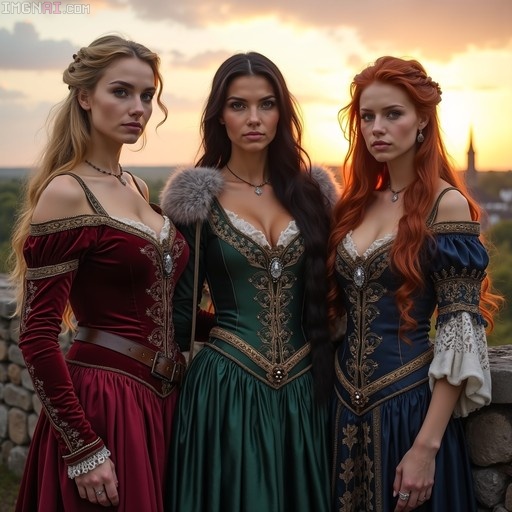 Three women in medieval dresses standing outdoors at sunset