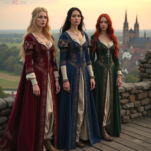 Three women with blonde, dark, and red hair wearing long crimson, blue, and green medieval gowns stand side-by-side on wooden ramparts overlooking a town with church spires at sunset.