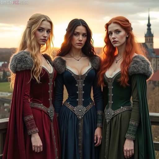 Three medieval noblewomen in crimson, blue, and green gowns with fur capes stand on a rampart overlooking Leipzig at sunset.