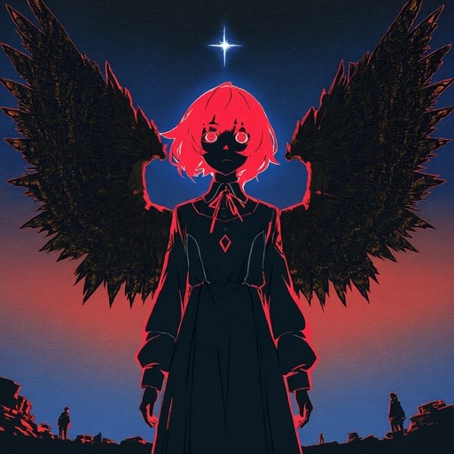 A red-haired anime girl with large black wings stands against a blue and pink sunset sky, looking down at small silhouettes on the ground below while a bright star shines above her head.