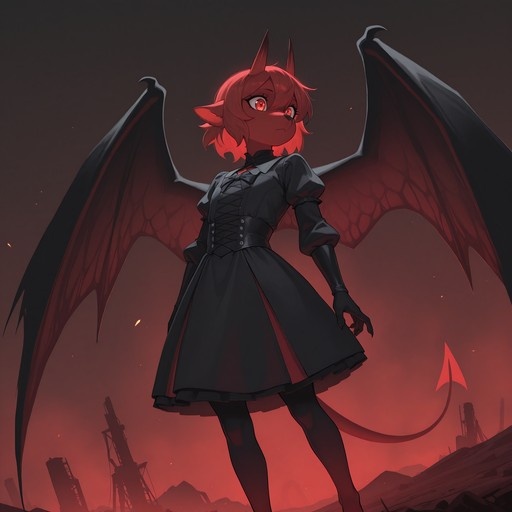 A red-skinned demon girl with large bat wings and a tail stands in a ruined landscape wearing a black dress.