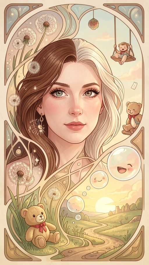 Art Nouveau style portrait of a girl with brown and white split hair surrounded by dandelions, teddy bears, and floating bubbles.