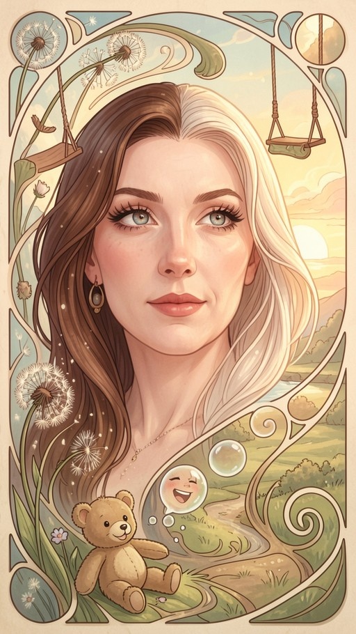 Art Nouveau style portrait of a young woman with split brown and white hair, surrounded by dandelions, hanging swings, and a teddy bear in a landscape setting.