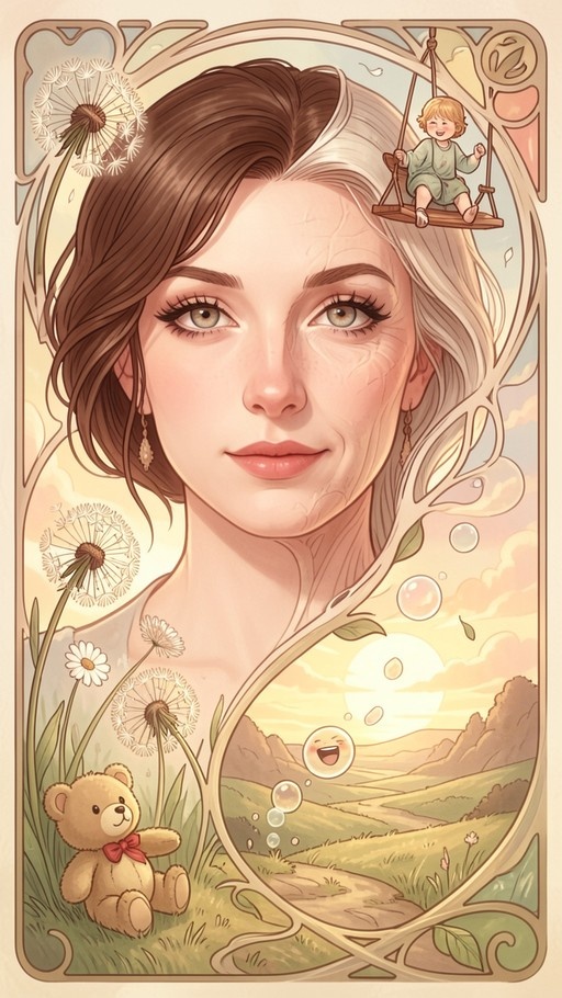 Art Nouveau portrait of a woman with brown and white hair surrounded by vines containing a teddy bear, a child on a swing, and a landscape.