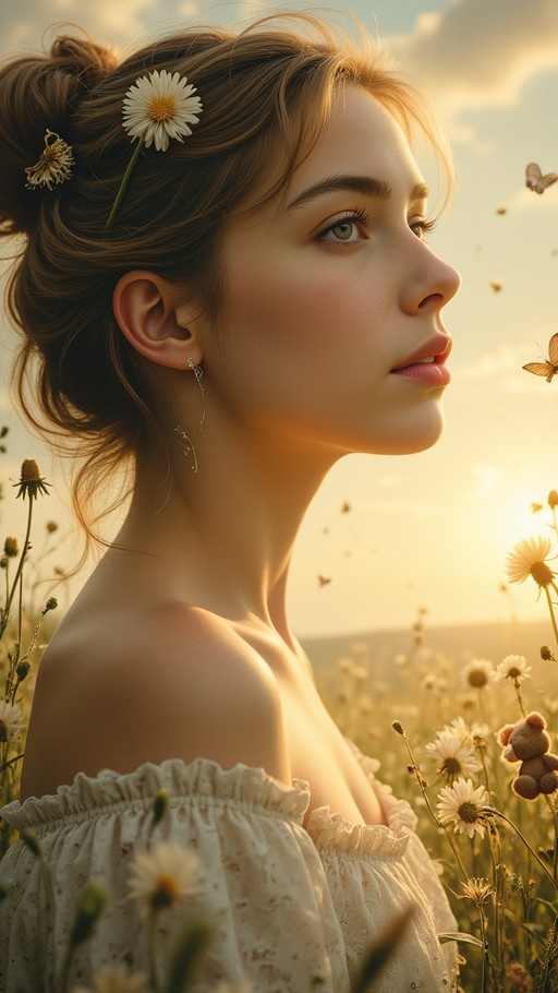 A side profile of a young woman with brown hair in a bun and a white daisy tucked behind her ear, standing in a sunlit flower field with butterflies flying around her face and a small teddy bear visible among the blooms.