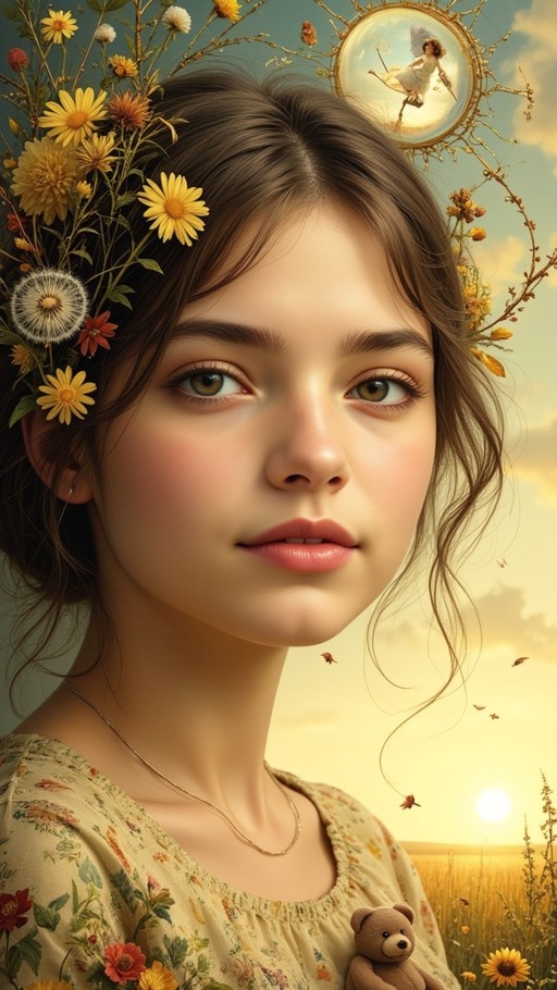 Close-up of a girl with flowers in her hair holding a teddy bear with a fairy in the background.