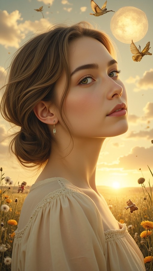 A young woman with brown hair in an updo looks up at a large moon and flying butterflies in a flower field at sunset.