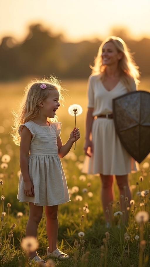 A young girl with long blonde hair laughs while holding a dandelion in a grassy field, as a woman in a white dress stands behind her smiling and holding a shield.
