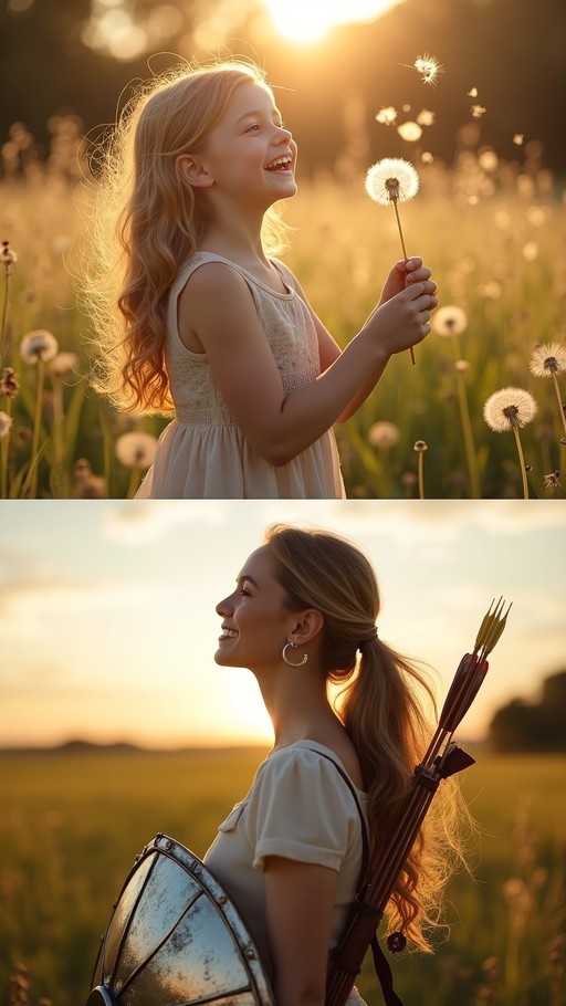 A split image showing a young blonde girl laughing with dandelion seeds in the top panel and an adult woman with a shield and quiver of arrows smiling at sunset in the bottom panel.