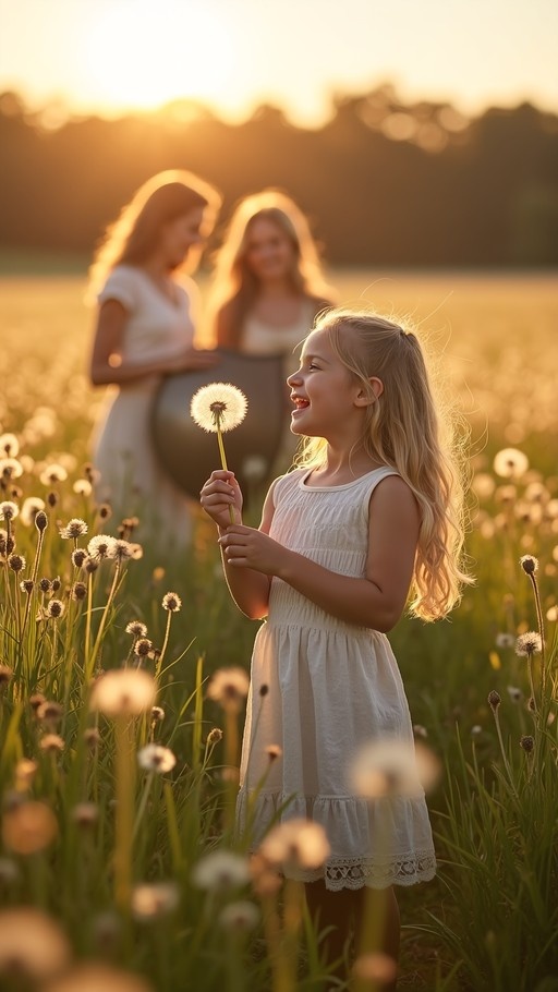 A smiling young girl with long blonde hair wearing a white dress holds a dandelion puff in a sunlit meadow.