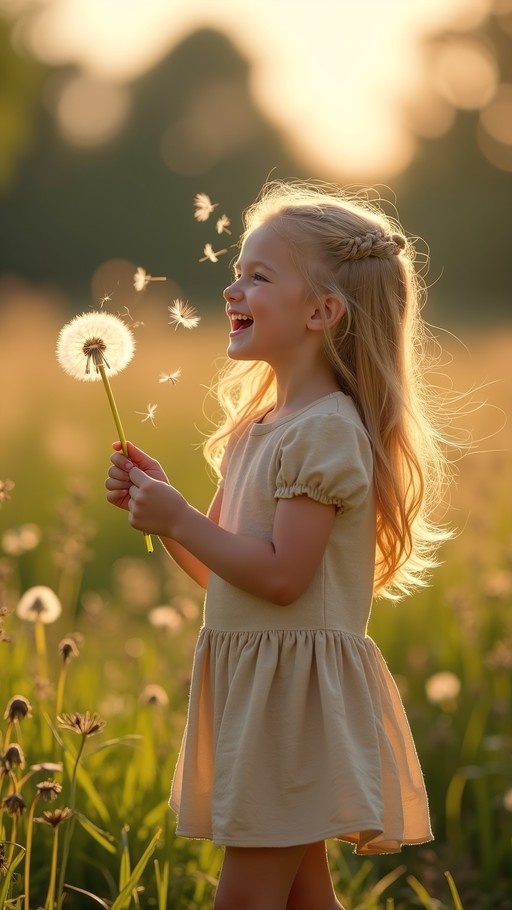 A young blonde girl in a beige dress blows on a dandelion puff in a sunlit field, sending seeds into the air.