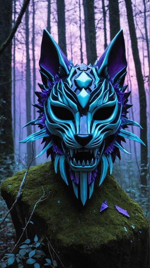 A large blue and purple wolf mask with sharp teeth resting on a mossy rock in a misty forest.
