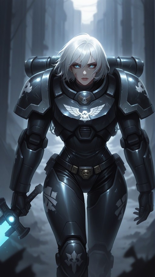 A white-haired female warrior in black power armor holding a glowing blue sword stands amidst misty ruins with winged skull emblems on her chest.