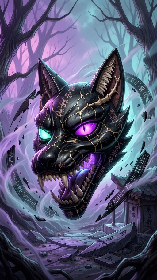 A close-up of a large, cracked black fox mask with one green eye and one purple eye, floating in a misty forest near stone shrines.