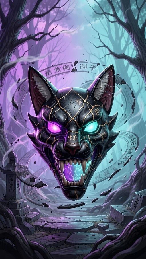 A cracked black fox mask with glowing heterochromatic purple and cyan eyes floats in a mystical forest surrounded by magical circles and stone lanterns.