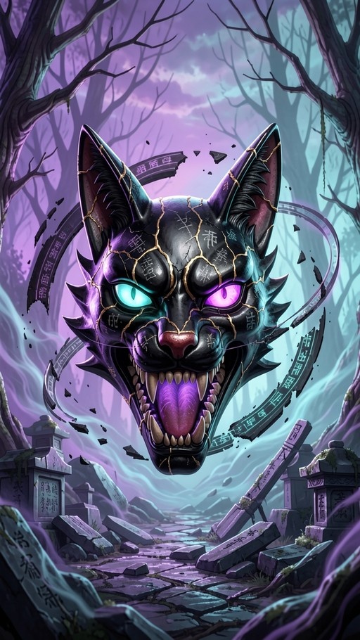 A large, cracked black cat mask with gold veins floats in a graveyard, featuring one teal eye and one purple eye, with a long tongue sticking out among tombstones.