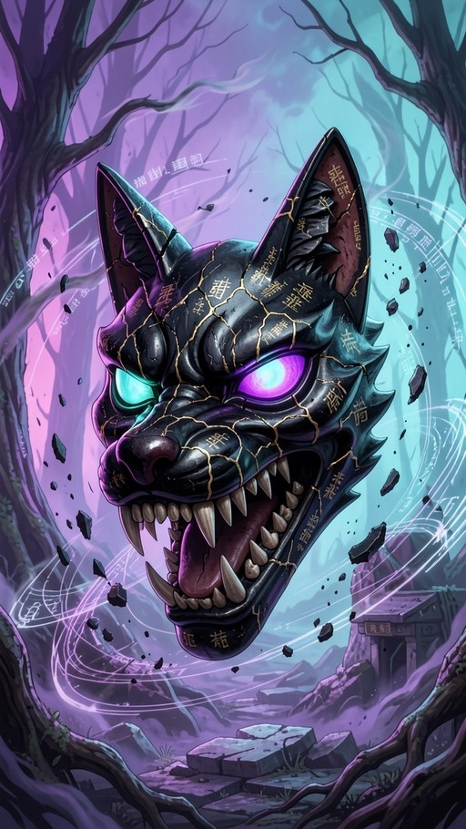 A large, dark wolf mask with golden cracks floats in a mystical forest, featuring heterochromatic eyes that glow purple and teal.
