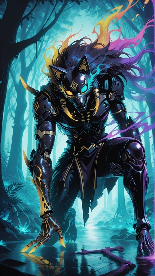 A male fantasy character with wolf ears and long colorful hair kneels in a dark forest wearing black armor with gold details.