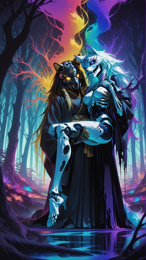 A woman in a dark kimono and fox mask carries a white skeletal wolf-girl through a glowing magical forest with colorful smoke rising behind them.