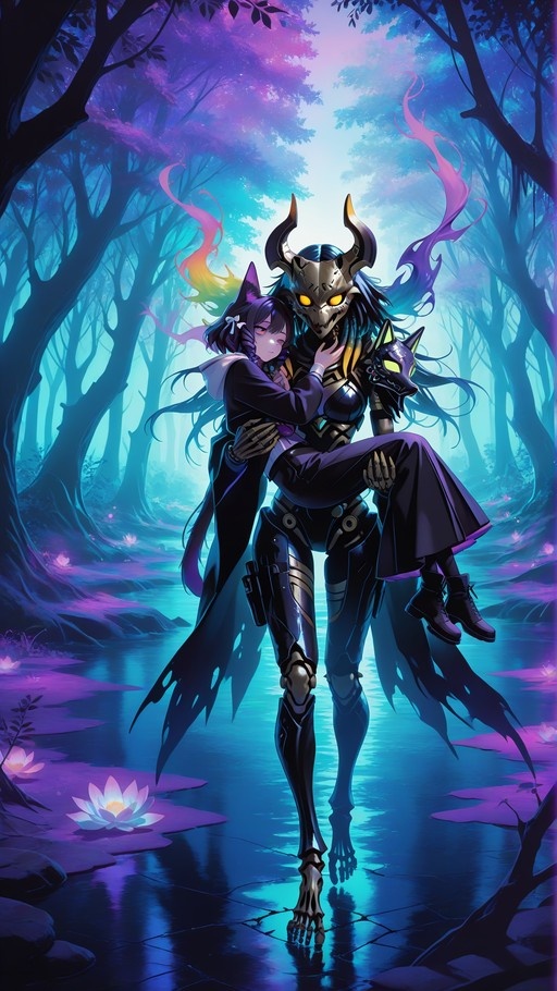 A tall figure in a horned mask and armor carries a cat-eared girl with purple hair through a magical forest pond with glowing lotus flowers.