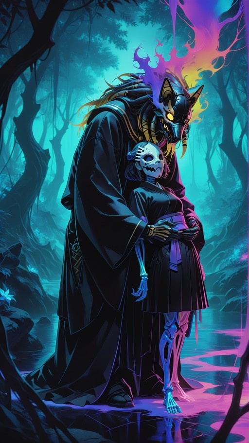 A tall wolf-masked spirit with colorful flames embraces a skeleton figure in a black kimono within a mystical blue forest.