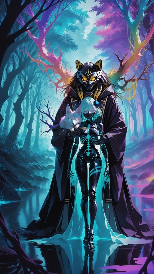A tall figure in a dark cloak and glowing fox mask stands behind a skeletal cyborg girl holding a small white fox in a colorful magical forest.