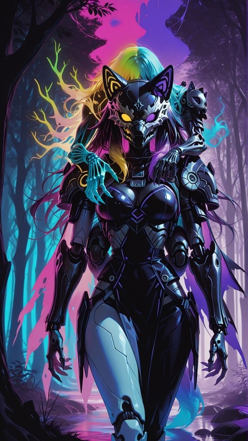 Cybernetic fox spirit warrior with multicolored hair and heterochromatic eyes wearing black armor and a stylized mask in a mystical forest.