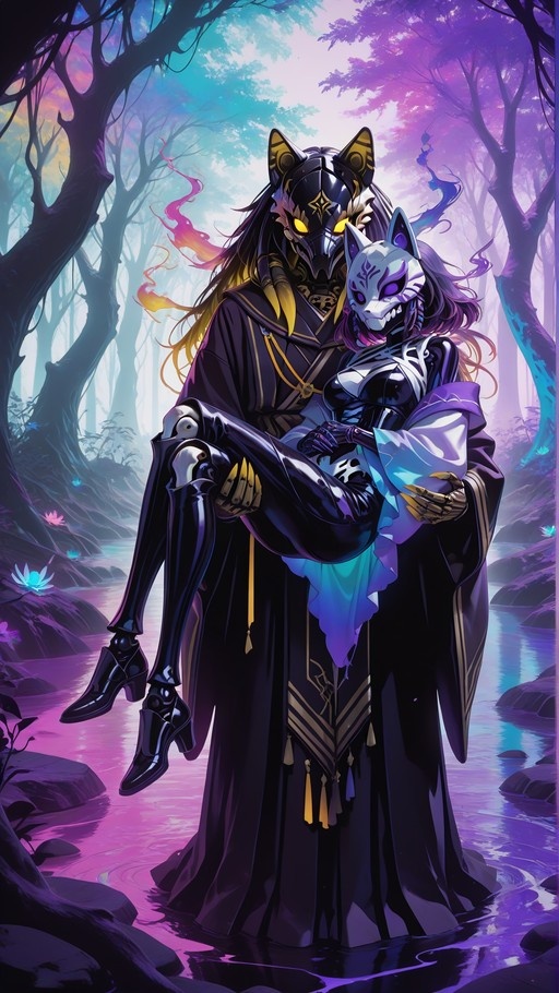 A tall figure wearing a dark cat-eared mask and robe carries a smaller person in a white fox mask and shiny outfit through a glowing, purple-hued forest stream.
