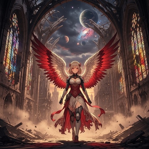 A red-winged female warrior stands in the rubble of a ruined cathedral with stained glass windows, looking out at a cosmic sky filled with planets.