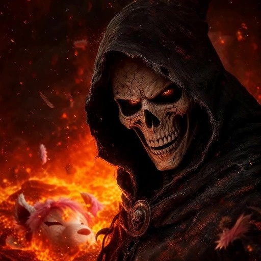 A skeletal grim reaper in a black hood stands before a flowing river of lava with rising embers and smoke, while a small pink-haired creature lies submerged in the molten rock behind him.