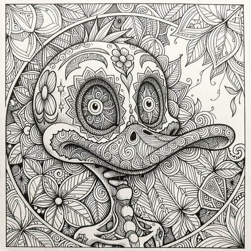 A detailed black and white line art illustration of a stylized skull with swirling patterns in the eye sockets and a long wavy tongue, set against a dense background of leaves and flowers.